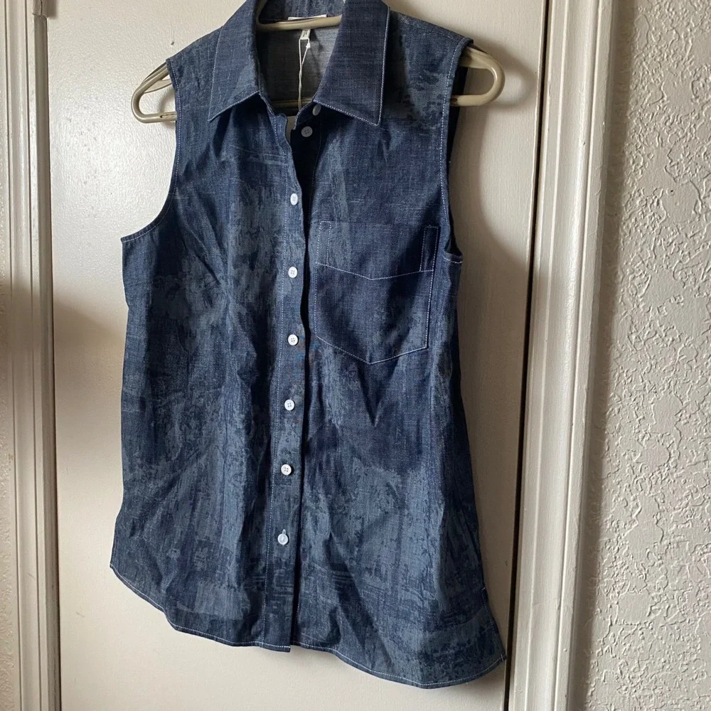 Lafayette 148 New York Sleeveless Shirt Shipyard Indigo Multi Print NWT - Picture 2 of 7